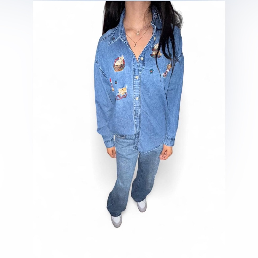 Denim Shirt with Cat Embroidery - Picture 2 of 6